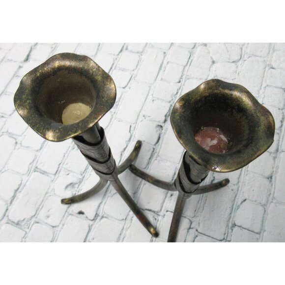 Pair of 10" Metal Candle Holders Wrapped in Poinsettia Flower Design Metal Band - Picture 3 of 7